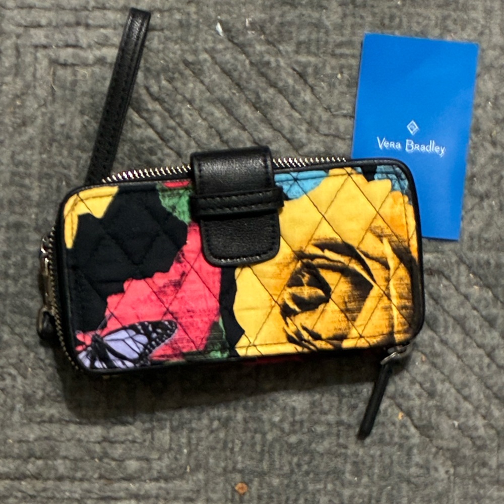 Vera Bradley Floral Quilted Wristlet in Yellow, Black, Pink